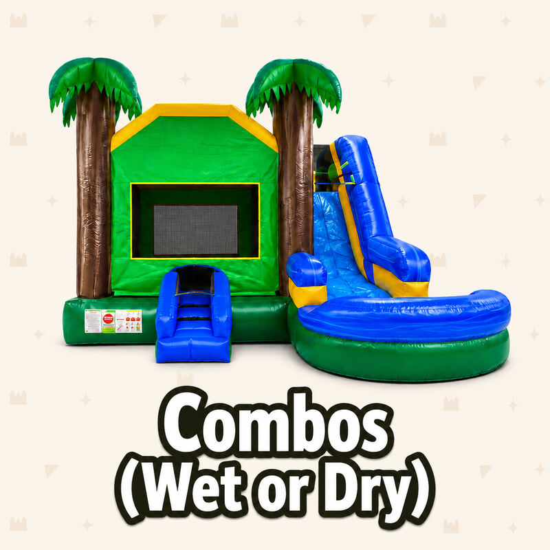 Combos (Wet or Dry): a green palm-tree combo bouncer with an attached blue slide and splash pool