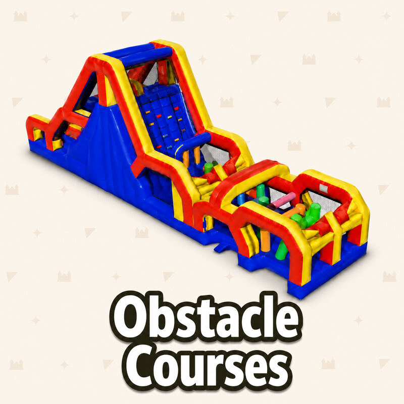 Obstacle Courses: a long red, yellow and blue inflatable obstacle course with a climb and slide