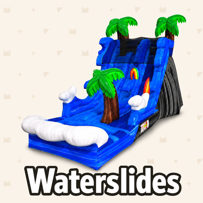 Waterslides: a tall blue tropical water slide with palm trees and a splash lane